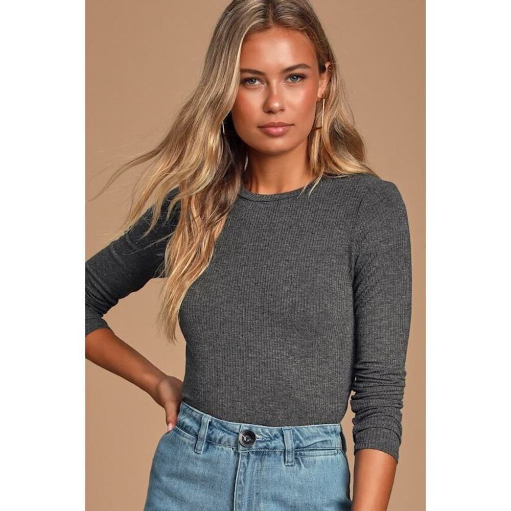 Lulus Basics Hollis Heather Charcoal Grey Ribbed Long Sleeve Crop Top - Size XS